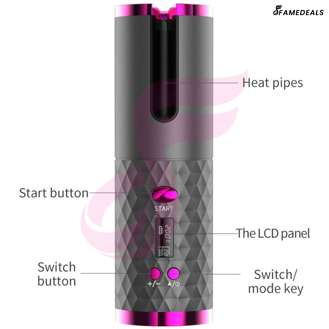 Famedeals ™ - Wireless Auto Rotate Ceramic Hair Curler USB Rechargeable Portable Auto Curler