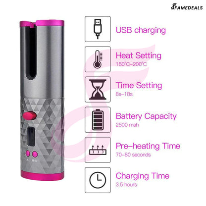 Famedeals ™ - Wireless Auto Rotate Ceramic Hair Curler USB Rechargeable Portable Auto Curler
