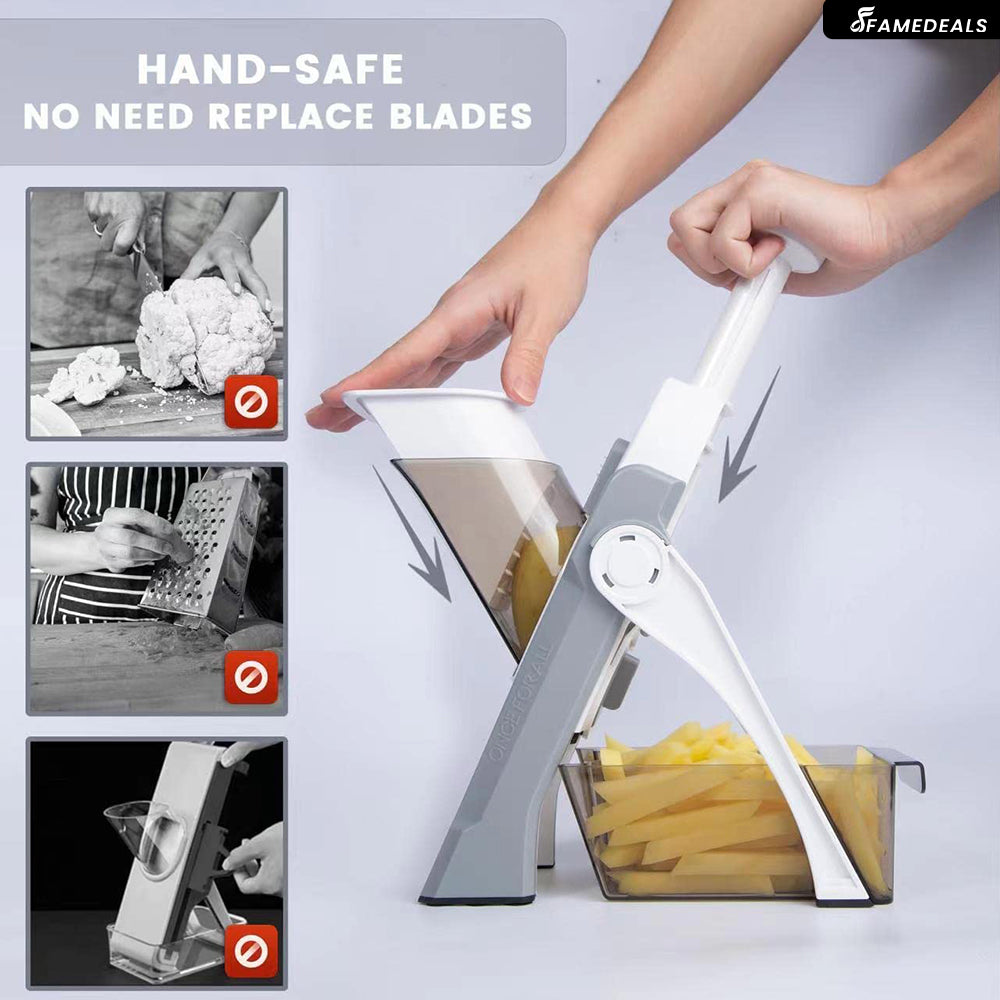 Famedeals.pk™ - Vegetable Slicer Adjustable Thickness Potato Onion Chopper Safe Upright Dicer
