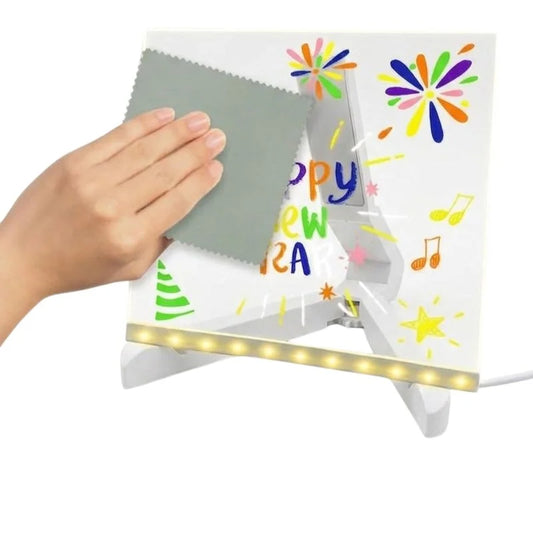 6x6 Inches LED Acrylic Writing Board with USB Light | 7 Colorful Erasable Pens |  Message Board with Markers & Stand